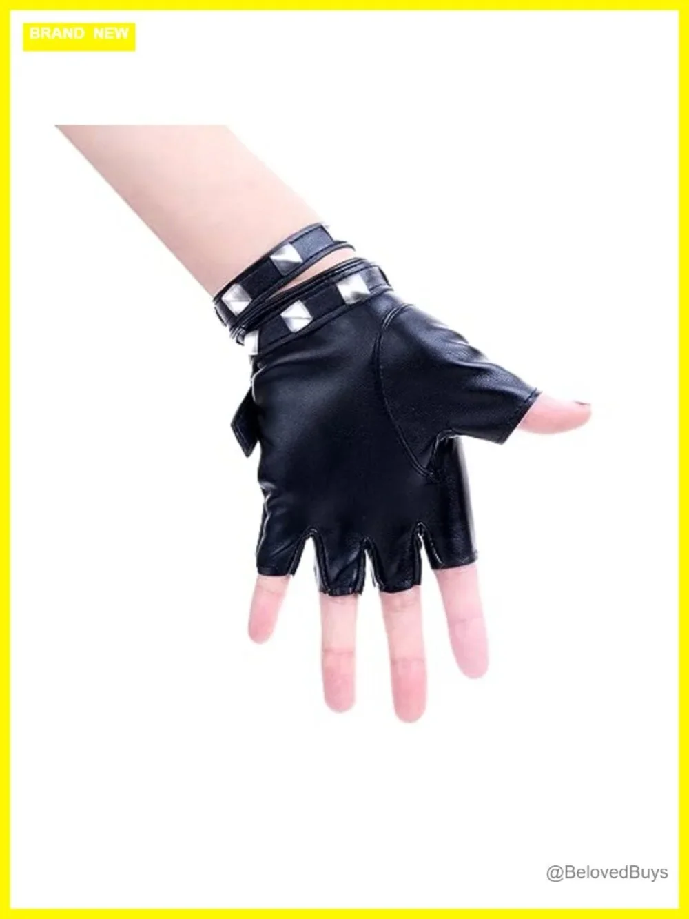 Women PU Leather Punk Half Finger Gloves with Straps and Rivets for Costume